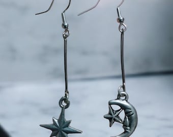 Star and Moon Sterling Silver, witchy, nature inspired Earrings