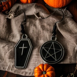 Coffin and pentacle earrings
