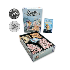 May include: A board game called "Castle Combo" with a box, cards, and game pieces. The box has a castle illustration. The game pieces include coins and red and white game tokens. The box reads "Premium Quality ABS Redesign Insert" and "For Card Sleeves".