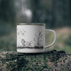 Tiger And Lion In The Jungle Enamel Mug, Camping Mug, Camper Gift, Camping Life, Cat Paw Prints, Bamboo Sticks zdjęcie 1