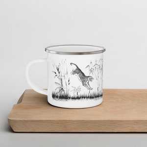 Tiger And Lion In The Jungle Enamel Mug, Camping Mug, Camper Gift, Camping Life, Cat Paw Prints, Bamboo Sticks zdjęcie 5