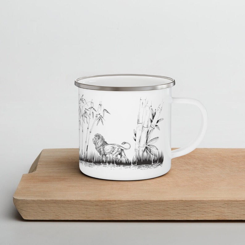 Tiger And Lion In The Jungle Enamel Mug, Camping Mug, Camper Gift, Camping Life, Cat Paw Prints, Bamboo Sticks zdjęcie 4