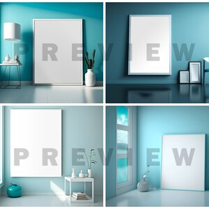 May include: Four different interior design mockups featuring a blank white frame in a variety of settings. The frames are in different sizes and are hung on a light blue wall. The frames are surrounded by various decor items, such as plants, lamps, and furniture.