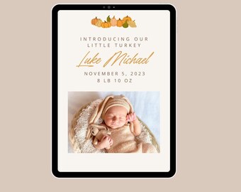 Thanksgiving Newborn Birth Announcement, Editable Fall Card (Digital)