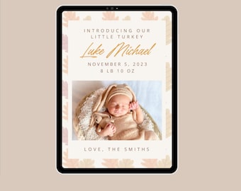 Thanksgiving Newborn Birth Announcement, Fall Foliage Card (Digital, Editable)