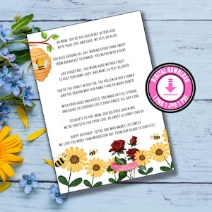 Verjaardagskaart gedicht voor moeder Bee thema verjaardagscadeau afdrukbaar gedicht verjaardagskaart cadeau voor moeder gedicht digitale download verjaardagscadeaus van kinderen