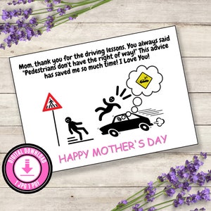 Carte hilarante pour la fête des mères avec une touche unique ! Merci pour les leçons de conduite, maman ! Carte imprimable, carte maman drôle, cadeau de la fête des mères