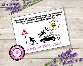 Hilarious Mother's Day Card with a Unique Twist! Thank You for the Driving Lessons, Mom! Printable Card, Funny Mom Card, Mother's Day Gift