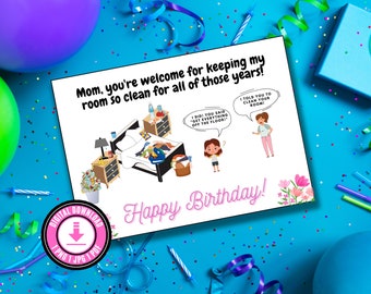Funny Birthday Card for Mom: Messy Room Humor (PNG, JPG, PDF)