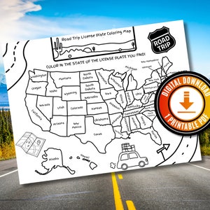 Road Trip kentekenplaat kleurkaart Afdrukbare leuke Road Trip spelletjes voor kinderen Road Trip kleuractiviteit voor kinderen Kentekenkaart activiteit
