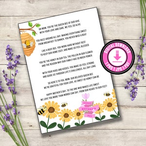 Cartão de dia das mães com tema de abelha Poema sincero para o dia das mães Poema para impressão Cartão de dia das mães presente para a mãe Poema Download digital Poema para a mãe