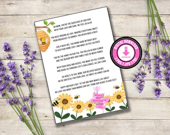 Tarjeta del día de la madre con temática de abejas, poema sincero para el día de las madres, poema imprimible, tarjeta del día de las madres, regalo para mamá, poema, descarga digital, poema para mamá