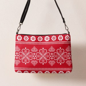 Red Scandinavian Folk Art Crossbody Bag | Folklore Floral Nordic Small Handbag | Purse with Ethnic Border Ornaments: Flowers and Hearts