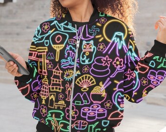 Japan-Inspired Neon Women's Bomber Jacket | Fashionable Asian Travel Jacket