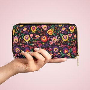Poland Folk Blumen Reißverschluss Geldbörse in Schwarz - Einzigartiges Folk Art Design - Boho Chic Accessoire