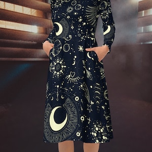 Celestial Galaxy Witch Dress | Halloween Costume | Black Moon Dress with Pockets