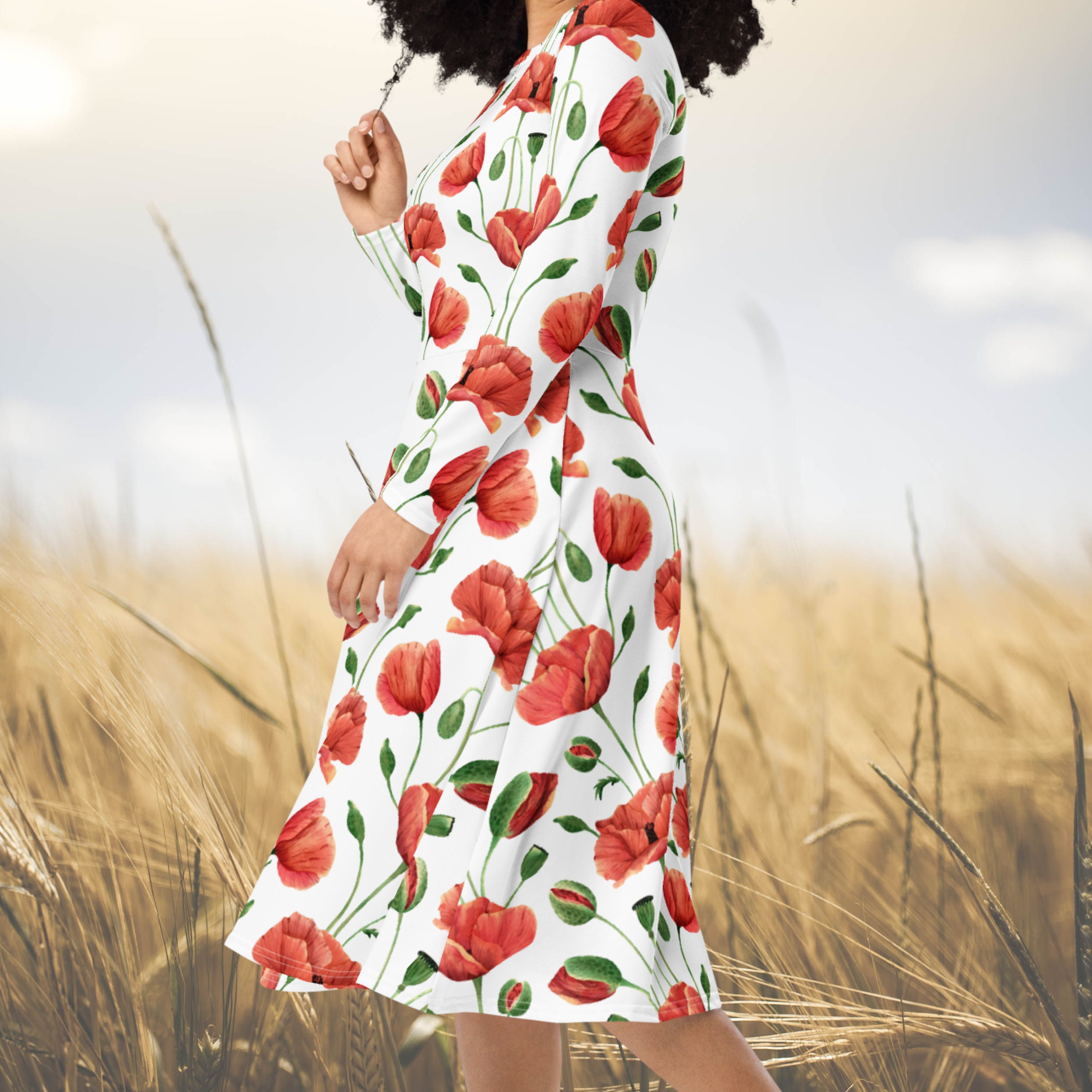 White Poppy Wildflowers Long Sleeve Midi Dress | Feminine Dress