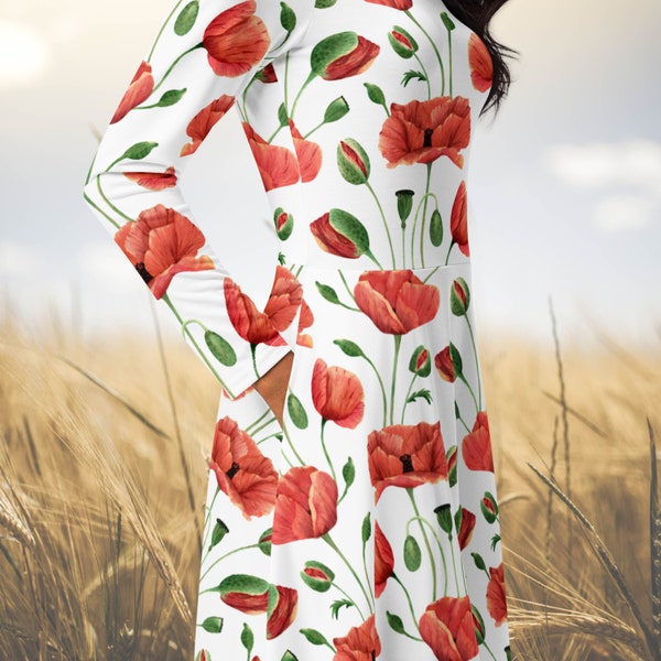 White Poppy Wildflowers Long Sleeve Midi Dress | Feminine Dress with Red Wild Poppy Flowers | Poland's National Flower Dress |