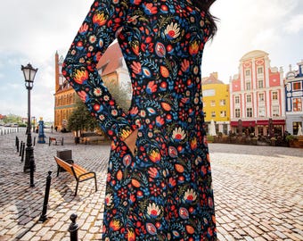 Vestido midi con manga larga all over