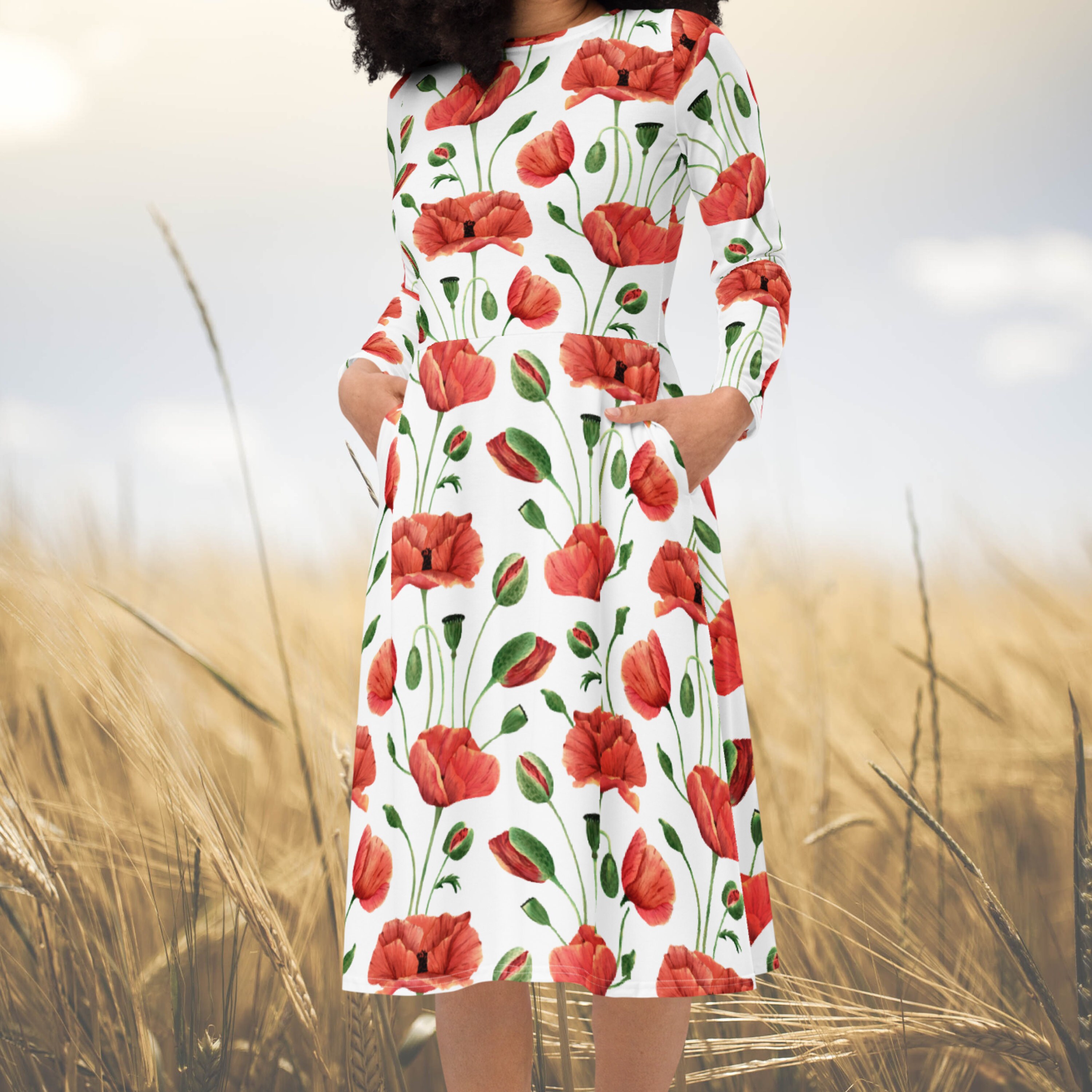 White Poppy Wildflowers Long Sleeve Midi Dress | Feminine