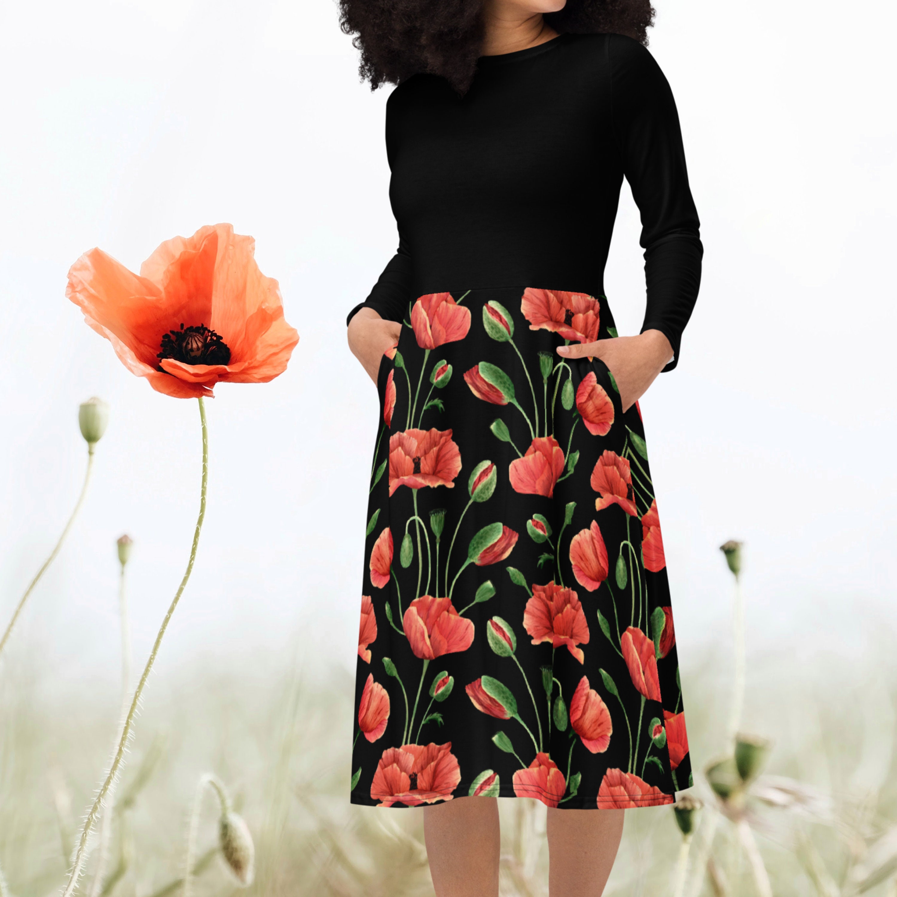 black dress with red poppies Poppy Dress