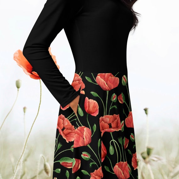 Black Top Red Poppy Flowers Long Sleeve Midi Dress | Remembrance Day Feminine Dress with Wild Poppy Flowers | Poland's National Flower Dress Black Top Red Poppy Flowers Long Sleeve Midi Dress | Remembrance Day Feminine Dress with Wild Poppy Flowers | Poland's National Flower Dress