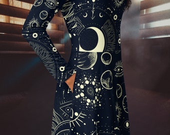 Celestial Galaxy Witch Dress | Halloween Costume | Black Moon Dress with Pockets