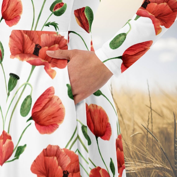 White Poppy Wildflowers Long Sleeve Midi Dress | Feminine Dress