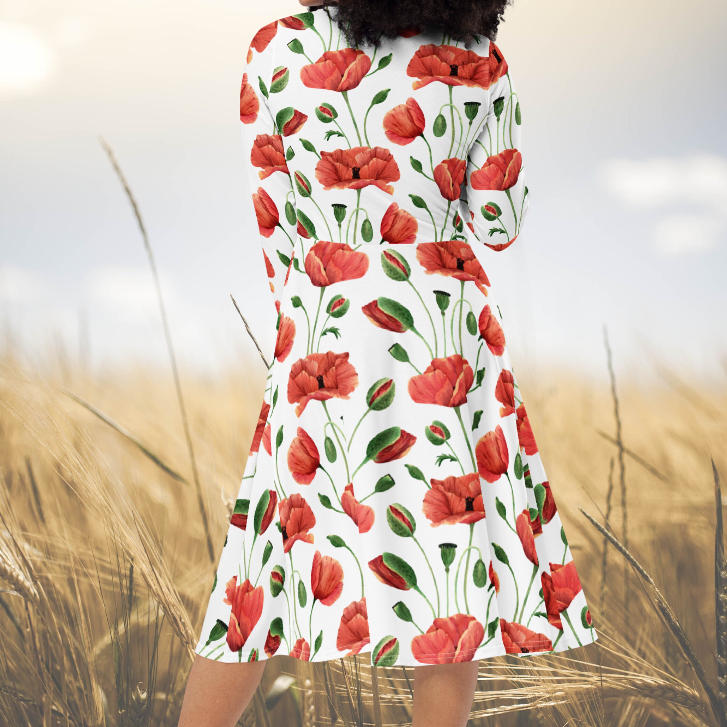 White Poppy Wildflowers Long Sleeve Midi Dress | Feminine