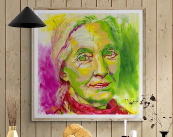 Jane Goodall Portrait mit Zitat, Kunstdruck, Pop Art, Wissenschaftlerin, Quadratisch, Portraitreihe Fearless Women