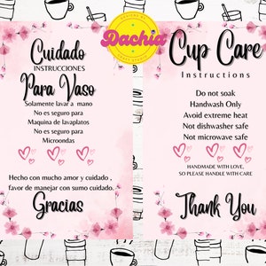 Tarjeta de instrucciones para el cuidado del vaso de la taza Suministros para pequeñas empresas en español e inglés, descarga instantánea imprimible.