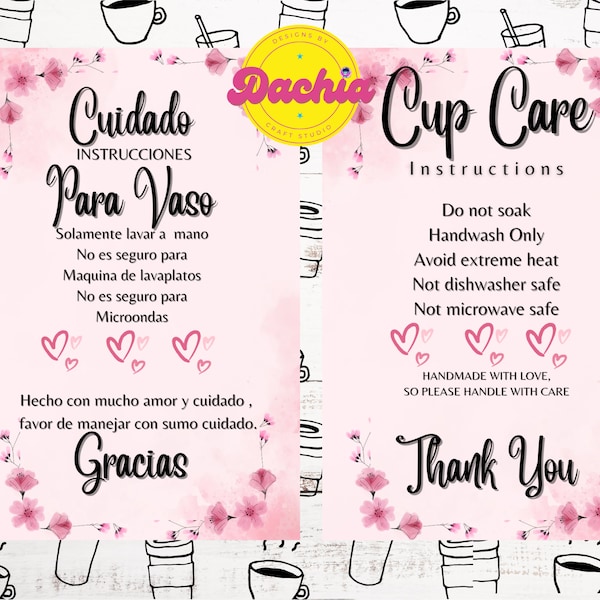 Cup tumbler care Instructions card Spanish and English small business supplies instant download printable.