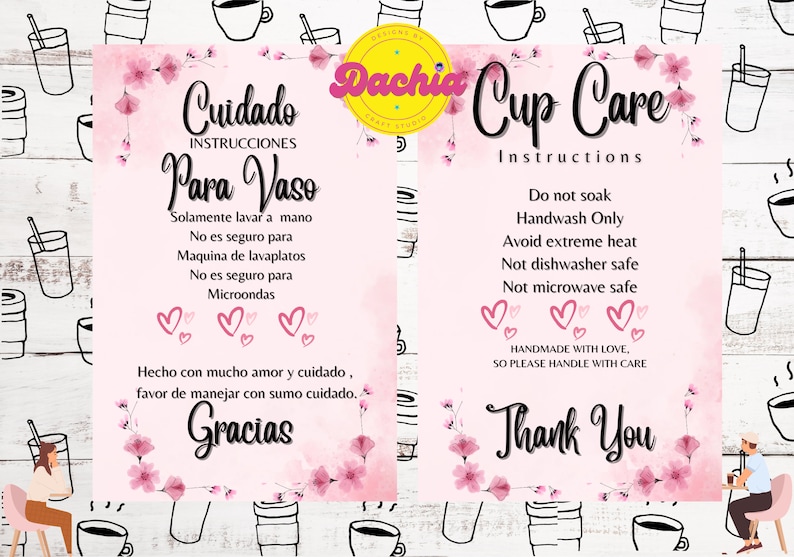 Cup Tumbler Care Instructions Card Spanish and English Small Business