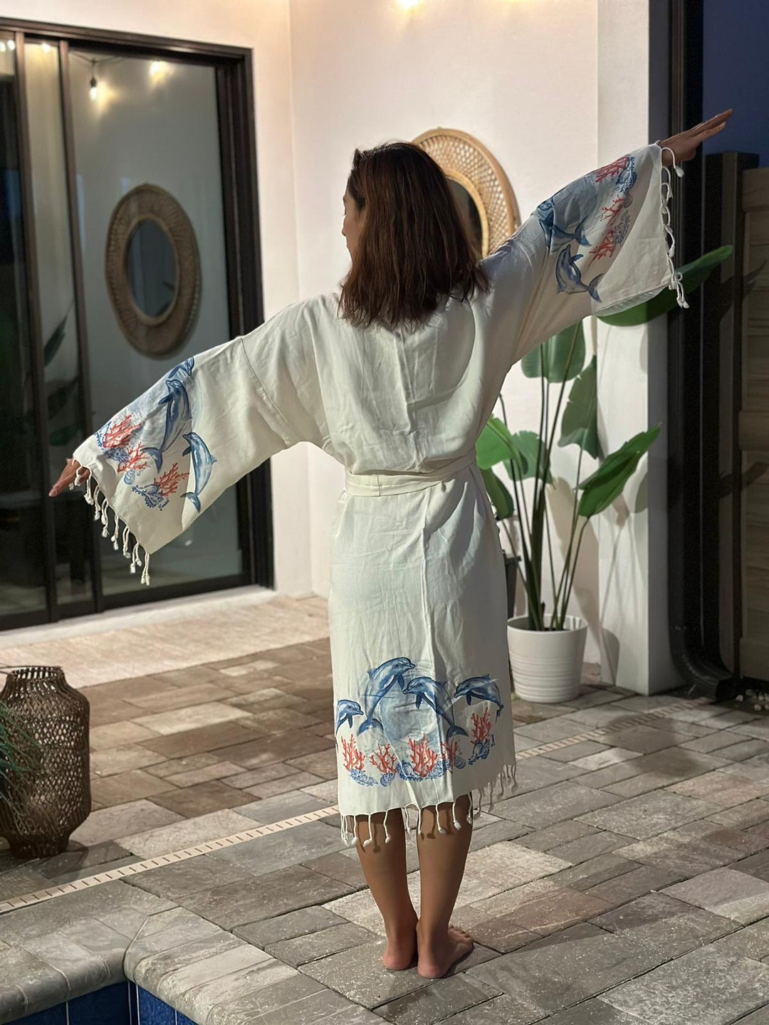 Special Design Dolphins Pattern Kimono Robe, 100% Cotton, Cotton Robe ...