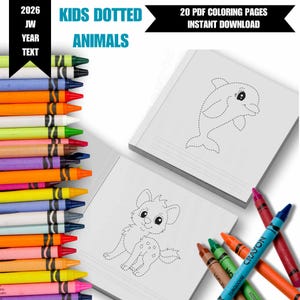 May include: A stack of two white coloring books with dotted animal outlines, a dolphin and a lion cub, and a collection of colorful crayons. Text on the image reads "KIDS DOTTED ANIMALS" and "20 PDF COLORING PAGES INSTANT DOWNLOAD."