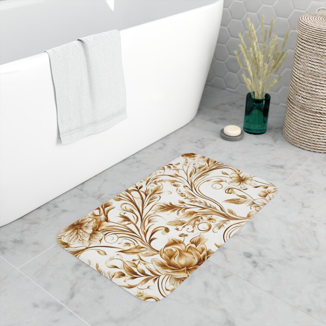 Golden Elegance Memory Foam Bath Mat Gold Floral Bathroom Etsy
