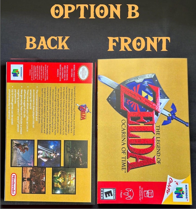 May include: The Legend of Zelda: Ocarina of Time video game box for Nintendo 64, showing the gold front cover with the title and shield graphic, and the back cover with game description text, screenshots, and Nintendo 64 branding.