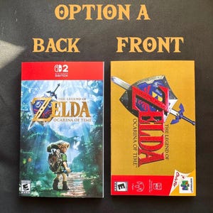 May include: Two rectangular video game cases labelled Option A, Back, and Front. The left case features The Legend of Zelda: Ocarina of Time artwork with a character in a forest. The right case displays a gold background with a shield, sword, and the title.