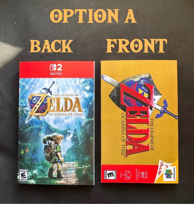 May include: Two rectangular video game cases labelled Option A, Back, and Front. The left case features The Legend of Zelda: Ocarina of Time artwork with a character in a forest. The right case displays a gold background with a shield, sword, and the title.