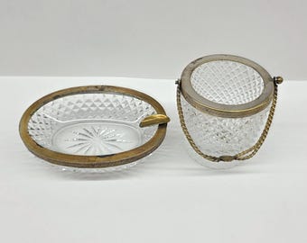 Vintage fransk slipad kristall ishink och askfat - Förgylld Ormolu diamantspetsbar - Baccarat-stil från mitten av århundradet