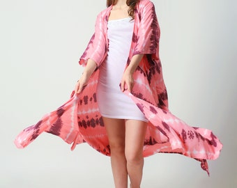Hand-Twisted Tie Dye Kimono Robe: Bohemian Rayon Duster - Pink