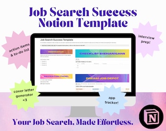 Job Search Success Notion Template | Notion Planner | To-Do's Tracker | Job Applications Planner | Digital Template | Cover Letter Generator