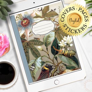 May include: A digital tablet displaying a botanical illustration with a blue border. The artwork features a variety of plants and insects, with a label for writing. A gold seal reads "COVERS. PAGES. STICKERS. Digital". A cup of coffee and a cupcake are in the background.