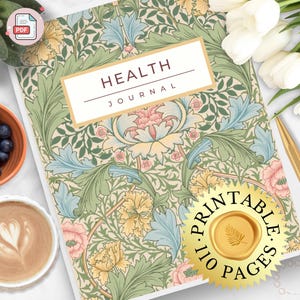 May include: A floral patterned health journal with the words "HEALTH JOURNAL" on the cover. The journal has a cream background with green, blue, and pink floral designs. A cup of coffee, blueberries, and a pen are also in the image.