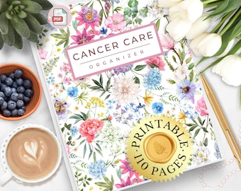 May include: A Cancer Care Organizer planner featuring a white cover with a colorful floral pattern of pink, blue, and yellow flowers. The text reads Cancer Care Organizer. A gold seal states Printable 110 Pages. A PDF icon is in the top corner.