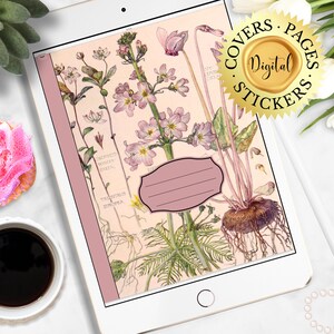 May include: A digital planner cover featuring a vintage botanical illustration of pink flowers and leaves on a light pink background. The cover has a pink label with a blank space for writing.