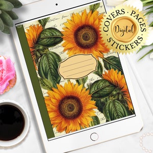 60 Digital Goodnotes Notebook Covers Pages Stickers, Ipad Planners Journals Notebooks, Notability Good Notes, Vintage Botanical Sunflower