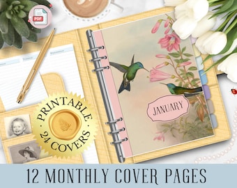May include: Printable planner cover pages featuring a vintage illustration of hummingbirds and pink flowers. The cover is labeled "January".