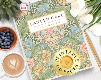 May include: A Cancer Care Organizer planner with a floral pattern in shades of green, pink, and yellow. The cover features a rectangular label with the text CANCER CARE ORGANIZER and a gold seal stating PRINTABLE 110 PAGES with a fern icon.
