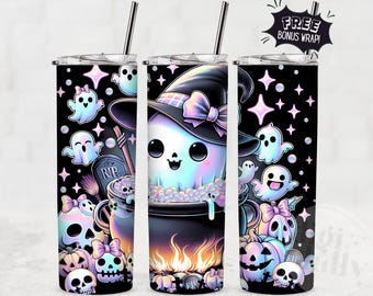 Halloween Ghost Tumbler Wrap, 20 oz Skinny Tumbler Sublimation Design, Cute Ghost PNG, Download, Spooky Cuteness, Ghost Tumbler Wrap, Skulls